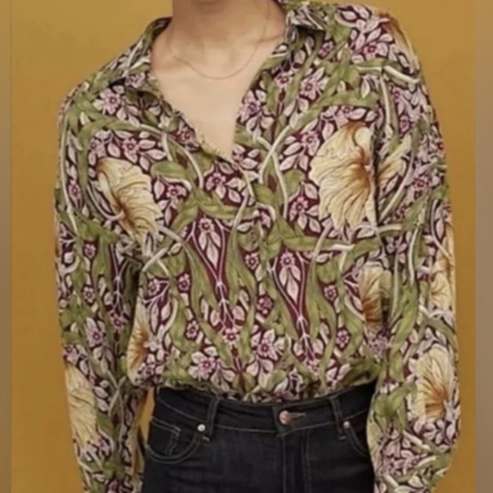 H&M Morris & Co. Floral Button-Up Blouse in Olive, Maroon & Cream Size 12